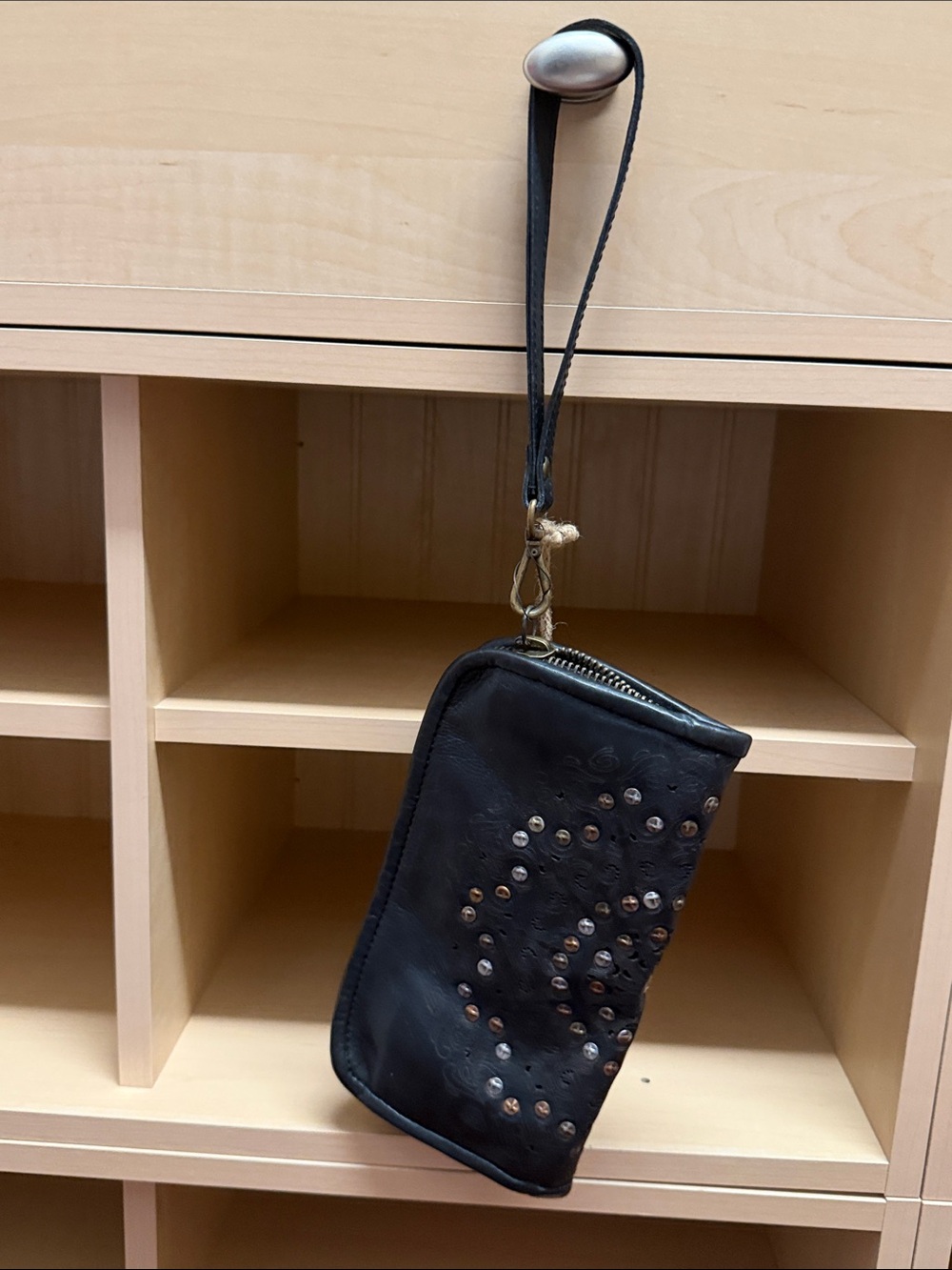 Black Studded Leather Wristlet Clutch